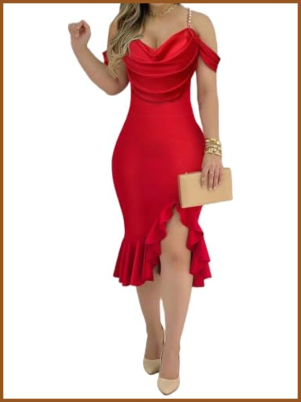 Pearl Strap Off Shoulder Ruched Bodycon Midi Dress Ruffle Hem